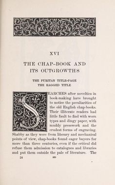 an old book with black and white writing on it's cover, which reads the chap - book and its outgrowths