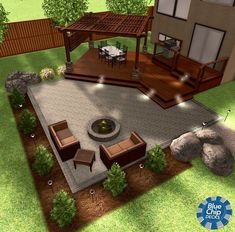 a 3d rendering of a patio with seating and an outdoor fire pit in the middle