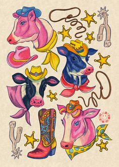 a drawing of various farm animals with cowboy hats and stars on their heads, all in different colors