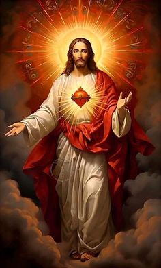 jesus in the clouds with his arms outstretched and heart on it's chest, surrounded by