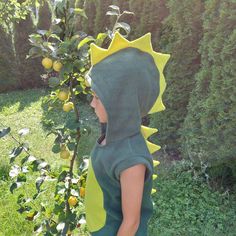 a young child wearing a dinosaur costume standing next to a tree with fruit on it