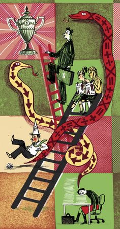 an image of a man on a ladder leading to a snake and another person sitting at a table