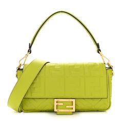 This is an authentic FENDI Nappa FF 1974 Embossed Baguette in Wasabi. This chic baguette is crafted of green Fendi monogram embossed lambskin leather. The bag features a smooth leather top handle, and a matching, optional shoulder strap with polished gold hardware. The crossover flap opens with a prominent magnetic gold FF logo detail to a black fabric interior with a zipper pocket. Fendi Zucca Baguette, Pokemon Fabric, Fendi Monogram, Fendi Baguette Bag, Baguette Bags, Fendi Shoulder Bag, Ff Logo, Fendi Baguette, Phone Pouch