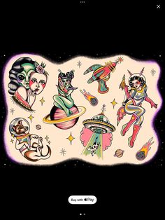 an image of tattoos on the back of a cell phone case with space and aliens