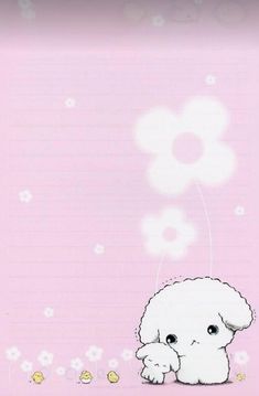 a small white dog sitting on top of a pink floor next to a flower covered wall