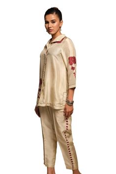 Ivory three fourth sleeves placement fleur print silk shirt. Paired with a pant. - Aza Fashions Cream Silk Sets For Summer, Summer Silk Sets In Cream Color, Summer Silk Sets In Cream, Diana Penty, Pant Women, Pant For Women, Printed Silk Shirt, Luxury Sale, Collar Neck