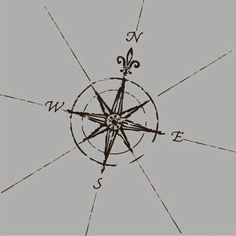 a compass is shown on the side of a gray wall with black writing and symbols