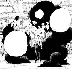 a black and white drawing of a man standing in front of a giant object with large bubbles