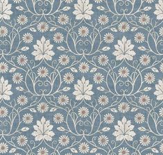 a blue and white wallpaper with flowers on it