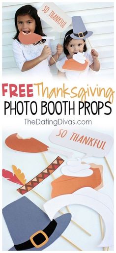 two children wearing thanksgiving hats and holding up signs with the words free thanksgiving photo booth props