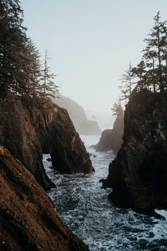 the ocean is surrounded by rocky cliffs and pine trees