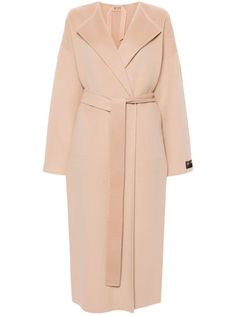 powder pink wool-cashmere blend appliqué logo detachable and adjustable waist belt wide lapels open front drop shoulder long sleeves straight hem unlined Drop Shoulder Coat, Belt Wide, Maxi Coat, Belted Coat, Cashmere Wool, Powder Pink, Outerwear Coats, Coat Dress, Black Coat