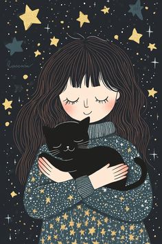 a girl holding a black cat in her arms with stars on the night sky behind her