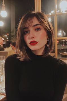 Woman with short brown hair and red lipstick wearing a black top at a restaurant. Sleek Short Hair, Textured Crop, Short Bobs, Bangs With Medium Hair, Polished Style, Trendy Hairstyle