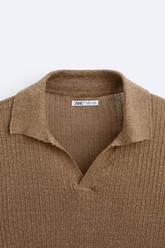 LINEN - VISCOSE KNIT POLO SHIRT - taupe brown | ZARA United States Casual V-neck Polo Shirt With Ribbed Collar, Collared Ribbed Knit Top, Casual Knit Tops With Collar, Ribbed Knit Collared Tops, Summer V-neck Tops With Ribbed Collar, Brown Collared Knit Tops, Classic Collared Knit Top For Fall, Casual Collared Knit Top For Spring, Casual Collared Neckline Knit Top For Spring