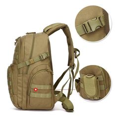 the back pack is tan and has two pockets for compartments, one with a red light on