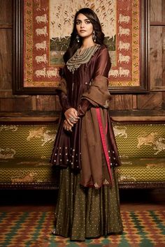 Shop for Matsya Wine Chanderi Silk Nawabi Short Anarkali Sharara Set for Women Online at Aza Fashions Brown Lehenga, Red And White Saree, Short Anarkali, Green Sharara, Plain Suits, Lengha Blouse, Gharara Designs, Embroidery Zardozi, Cloth Designs