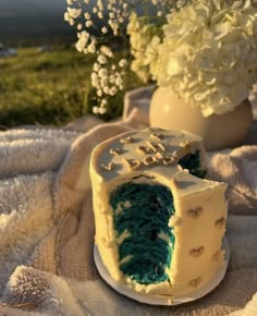 a piece of cake sitting on top of a blanket next to a vase with flowers