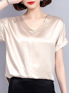 Smooth Short Sleeve Solid Color V Neck Casual T Shirts P1306272 Women T Shirts, Beautiful Blouses, Cup Of Tea, Tshirts Online, Casual T Shirts, Tshirt Colors, Western Fashion, Shirt Online, Diy Clothes