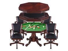 a pool table with chairs around it