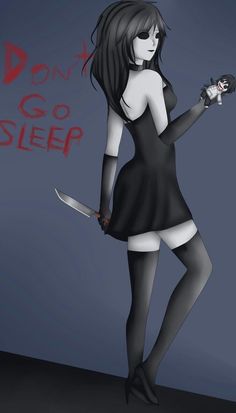 a woman in a black dress holding a knife and looking at the camera with words don't go sleep on it