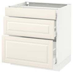 a white kitchen cabinet with two drawers and one drawer open on the bottom, in front of a white background