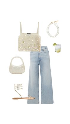 Vouge Outfit Idea, 2025 Fashion Trends Summer, Outfits For Pear Shaped Women, Light Summer Outfits, Outfits With Flats, Small White Handbag, Beige Crop Top, Happy Hour Outfit, Style Wide Leg Jeans