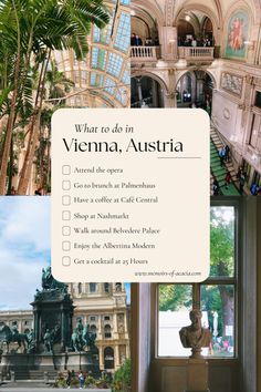 what to do in vienna, austria with pictures of the buildings and statues around it