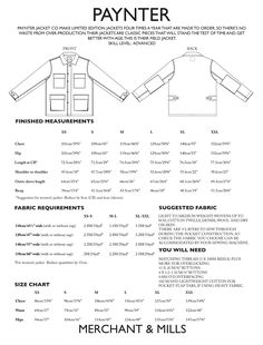 the front and back view of a jacket with measurements for each item, including two different sizes