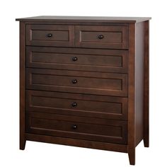 a brown dresser with five drawers and two doors on the top shelf, in front of a white background