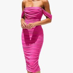 Pink Ruched Form Fitting Dress Never Used New With Tags Fitted Pink Dress With Folds, Fitted Pink Dresses With Folds, Fitted Off-shoulder Pleated Midi Dress, Pink Off-shoulder Ruched Dress, Pink Summer Dress With Folds, Pink Ruched Bodycon Dress For Evening, Pink Dresses With Folds For Spring, Spring Draped Ruched Bodycon Dress, Party Dresses With Folds And Stretch