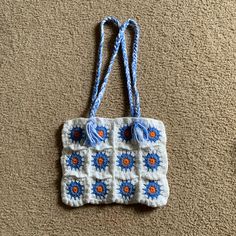 Magnetic Closure Blue, Orange, And White Size Approximately: Bag: 14 Inches Wide 11 Inches High Handles: 14 Inches Long From Top Of Bag To Top Of Handles. Brand New With Tags Handmade Blue Shoulder Bag For Spring, Blue Square Shoulder Bag For Spring, Blue Rectangular Crochet Bag For Spring, Rectangular Blue Crochet Bag For Spring, Trendy Blue Crochet Tote Bag, Trendy Blue Crochet Bag For Spring, Spring Blue Rectangular Crochet Bag, Trendy Blue Handmade Shoulder Bag, Trendy Handmade Blue Bags