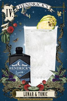 a poster with an image of a drink in the middle and flowers on the bottom