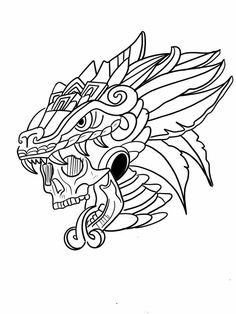 a black and white drawing of a dragon head with an evil look on it's face