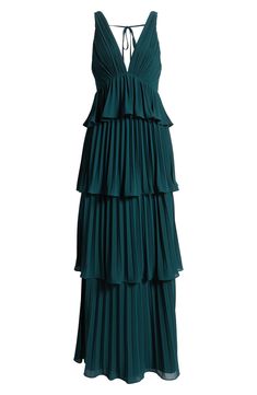 Allover pleating adds touchable texture to this dramatically tiered double V-neck gown that'll have all eyes on you at your next event. Hidden back-zip closure; ties at neck Deep V-neck Sleeveless Lined 100% polyester Hand wash, line dry Imported Forest Green Formal Dress, Tiered Gown, Neck Deep, All Eyes, All About Eyes, Deep V Neck, Emerald Green, Emerald, Hand Wash