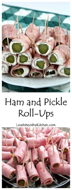 ham and pickle roll - ups on a plate with toothpicks in them