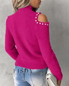 Fisdy - Chic Knit Sweater with Mock Neck, Cutout Design, and Pearl Embellishments Sweater With Pearls, Bead Knit, Cutout Design, High Neck Sweater, Top Sweater, Sweater Material, Mock Neck Sweater, Neck Sweater, Mock Neck