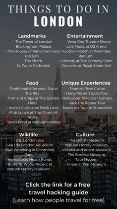 the top things to do in london info sheet with text overlaying it and an image of buildings