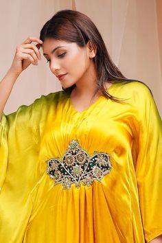 Yellow and green kaftan with placed bead sequin embellished waistband, coin detail on edges in an ombre base. - Aza Fashions Festive Green V-neck Kaftan, Green V-neck Kaftan For Festive Occasions, V-neck Kaftan With Dabka Work For Wedding, Festive V-neck Wedding Kaftan, Wedding V-neck Kaftan With Dabka, Green Kaftan, Kaftan Women, Kaftan For Women, Cape Sleeves