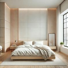 a large bed sitting in the middle of a bedroom next to a tall white wall