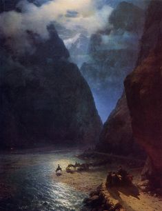 a painting of some people on horses in the water near mountains and clouds above them