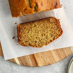 two slices of banana bread sitting on top of a wooden cutting board