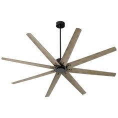 a ceiling fan with five wooden blades on it's face and one black light bulb