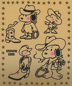 an image of some cartoon characters in cowboy hats and boots with stars on the background