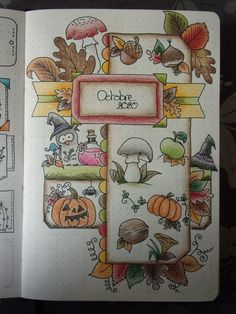 an open notebook with doodles and pictures of autumn items on the pages, including leaves, mushrooms, pumpkins, acorns, etc