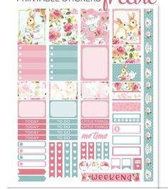 the printable planner stickers are pink and blue with flowers, hearts, and bunnies