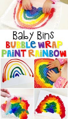 a collage of photos showing how to make rainbows with bubble wrap and paint