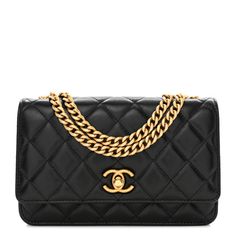 This is an authentic CHANEL Shiny Lambskin Quilted CC Wallet On Chain WOC in Black. This walletis crafted of diamond quilted lambskin leather in black. It features a black leather threaded goldchain-link shoulder strap, and a facing flap, a rear pocket, and a gold Chanel CC turn lock. The flapopens to a gold fabric interior with card slots, a leather pocket, and a zipper compartment. Luxury Quilted Wallet On Chain For Evening, Luxury Quilted Rectangular Wallet On Chain, Designer Quilted Leather Wallet On Chain, Luxury Quilted Leather Wallet On Chain, Quilted Rectangular Wallet On Chain For Formal Events, Quilted Rectangular Wallet On Chain For Formal Occasions, Formal Quilted Rectangular Wallet On Chain, Luxury Black Quilted Wallet On Chain, Black Quilted Wallet On Chain For Evening