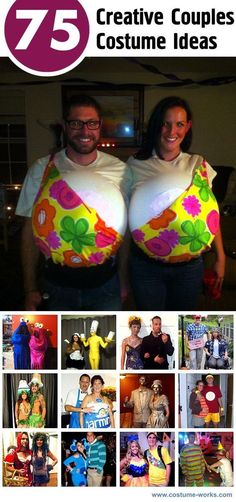 some people are dressed in costumes and posing for the camera with text overlay that reads 75 creative couples costume ideas