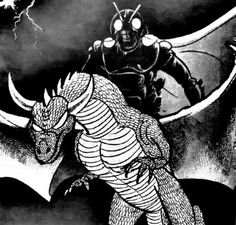 a black and white drawing of a dragon with a man on it's back